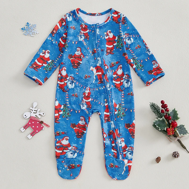 

Newborn Baby Christmas Footed Romper Boys Girl Clothes Santa Claus Print Zipper Long Sleeve Crew Neck Full Length Jumpsuit