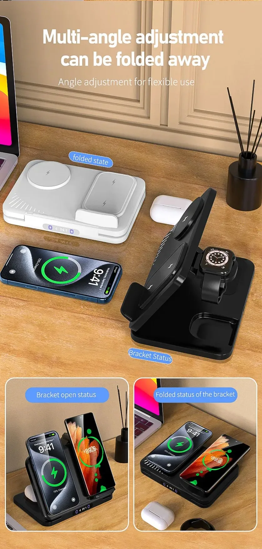 4-in-1 Dual-Handy-Ladestation für iPhone 17~12, Samsung S25, Xiaomi, Airpods Pro, Apple Watch 11~2, Magnetisches Schnellladen – Detail 7