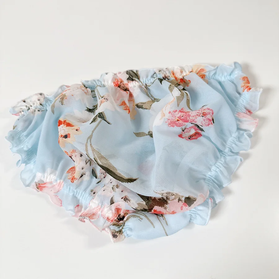 ผู้หญิงน่ารัก Lolita กางเกงชีฟองดอกไม้พิมพ์ Ruffled กางเกงเกย์ชาย Sissy กางเกงเครื่องรางชุดชั้นในกางเกงยีนส์สําหรับคู่ Sex