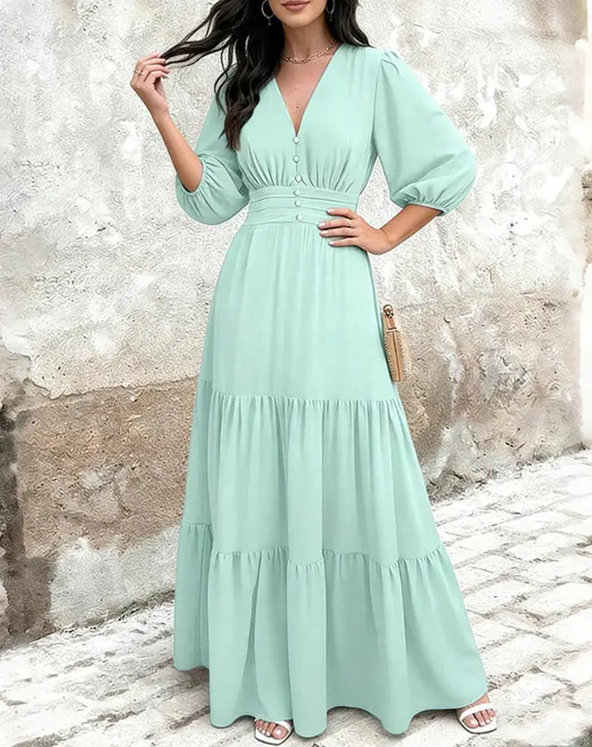 

Women's Dress Spring and Summer New Elegant and Casual Lady Style Solid Color Simple V-Neck Button Front High Waist Dress