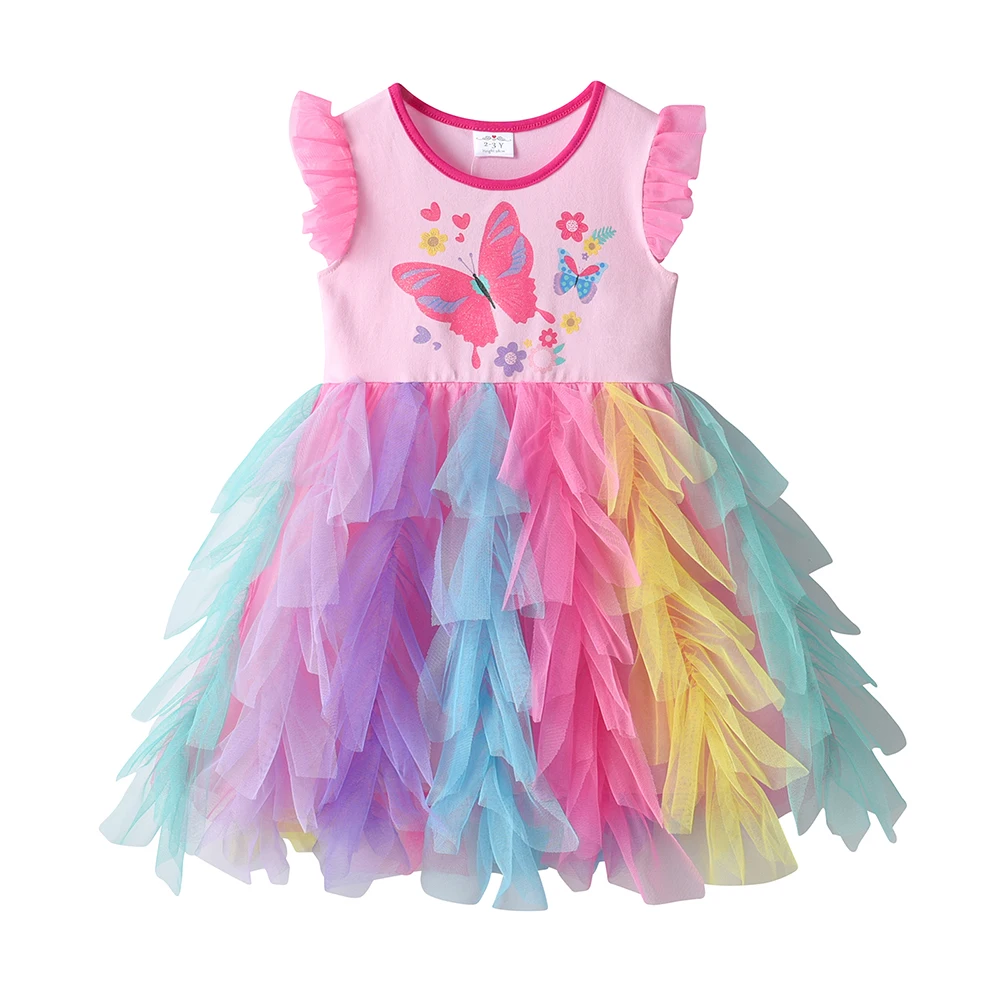DXTON Summer Children's Dresses Ruffle Sleeve Butterfly Floral Princess Dress Colorful Tulle Toddler Holiday Party Prom Clothing