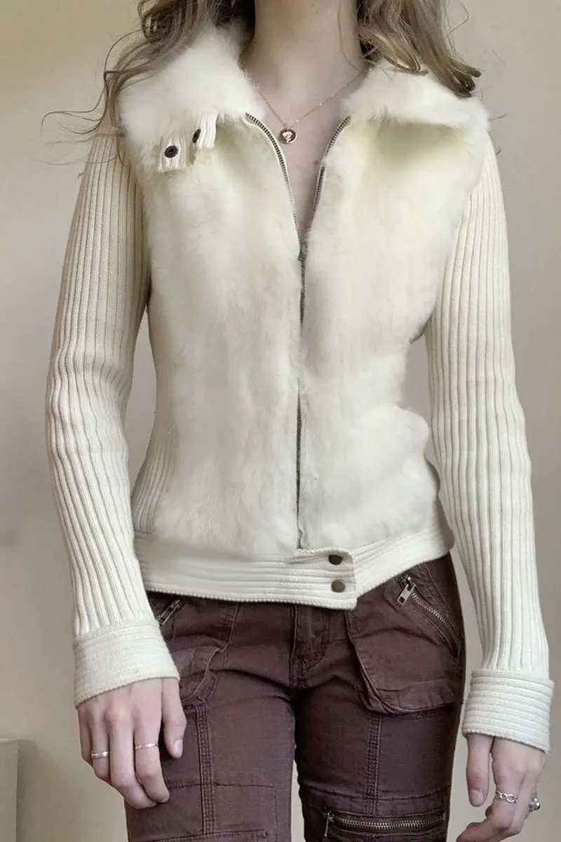 

Plush Panel Zip Jacket Women Faux Fur Trim Sweetheart Neckline Fall Winter Luxe Coat Soft Textured Minimalist Chic​​