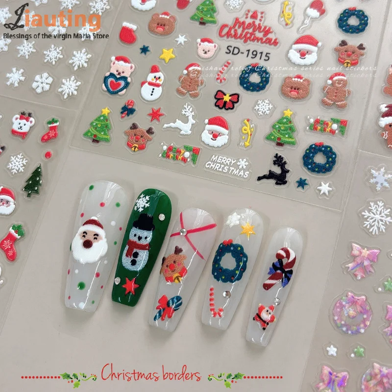 크리스마스 사랑스러운 만화 리본 산타클로스 눈사람 크리스마스 트리 엘크 눈송이 네일 아트 스티커 귀여운 매니큐어 데칼