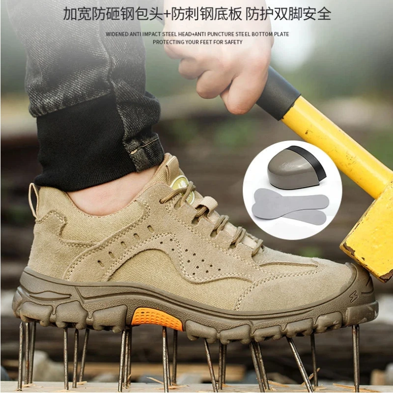 

Plus Size 37-46 Men Safety Work Outdoor Hiking Shoes Real Leather Boots Sneaker Soft Kevlar Insole Anti-smash Steel Toe Cap 9177