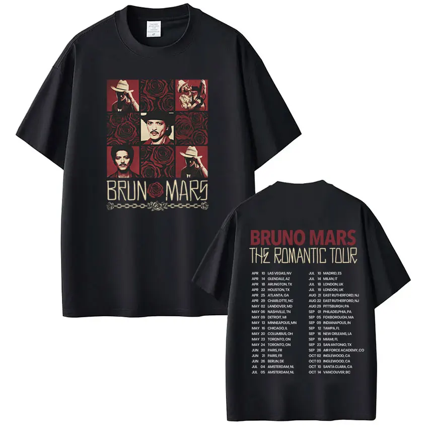 Rapper Bruno Mars The Romantic 2026 Tour Print Tshirt Man Woman Fashion T-shirt Short Sleeve Cotton Hip-hop T-shirts Fan gifts