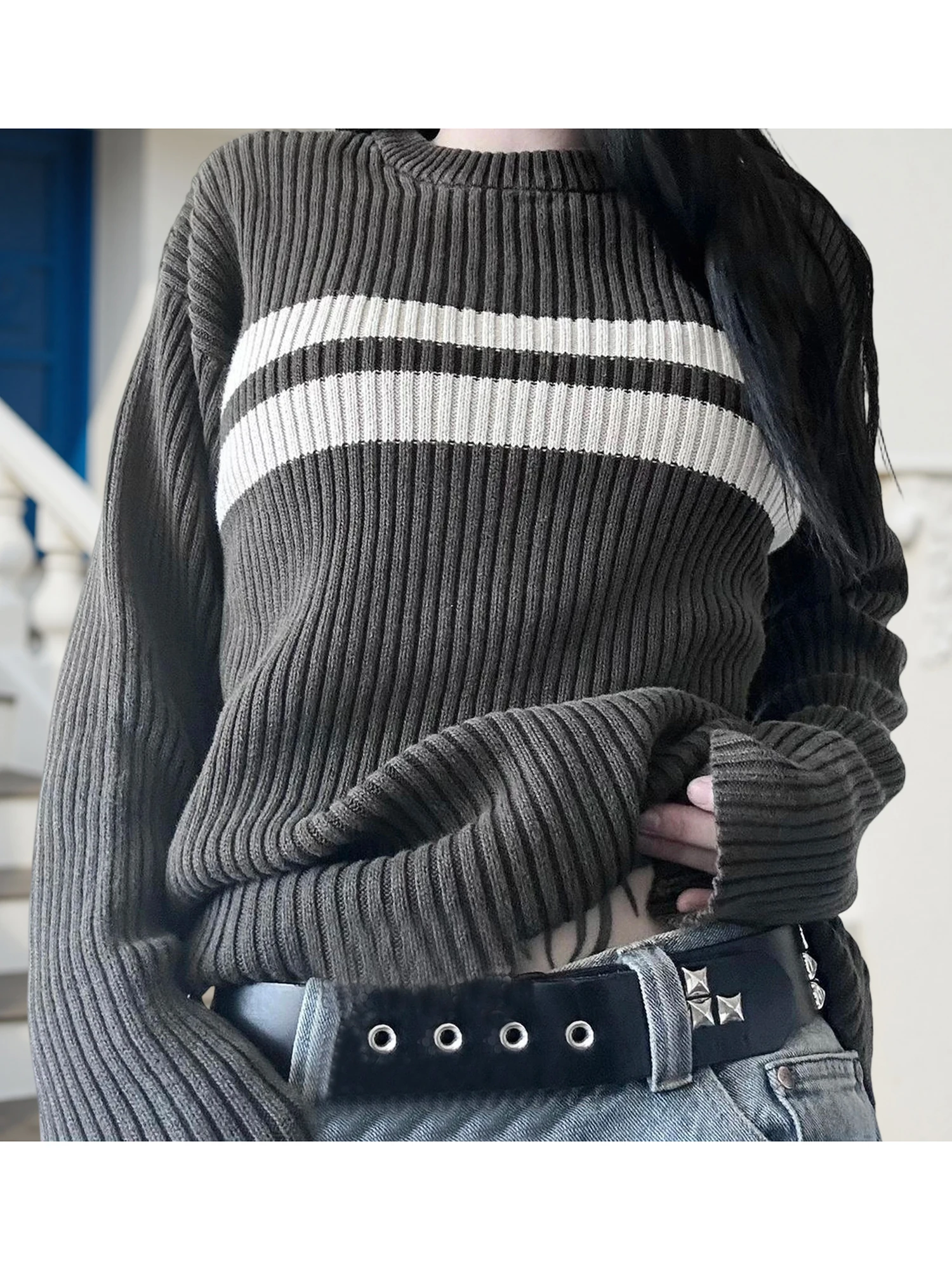 Damski sweter z dzianiny w warkocze, jesienno-zimowy, stylowy, casualowy, z okrągłym dekoltem, długim rękawem, w paski, luźny pulower.