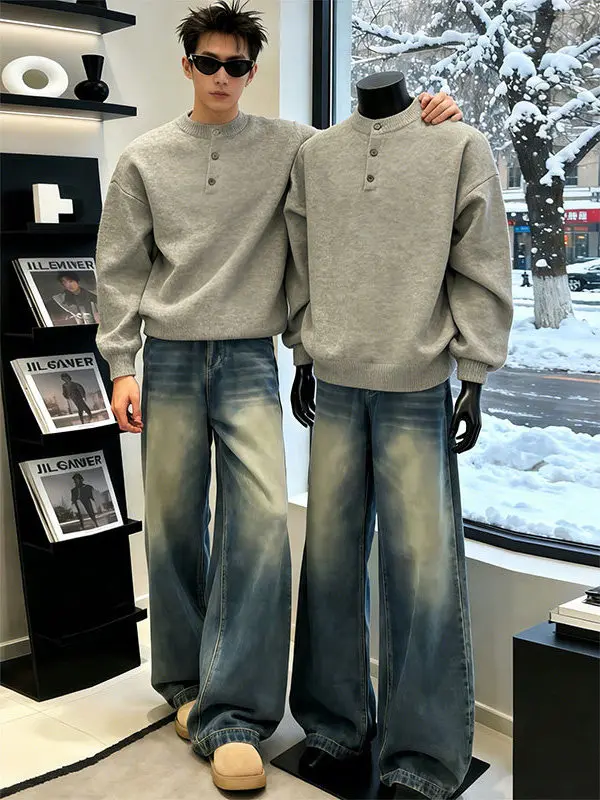 

Мужской трикотажный джемпер American Sleey Henry Collar, утепленный, для зимы, базовый слой, свободный крой, повседневный, Cleanfit