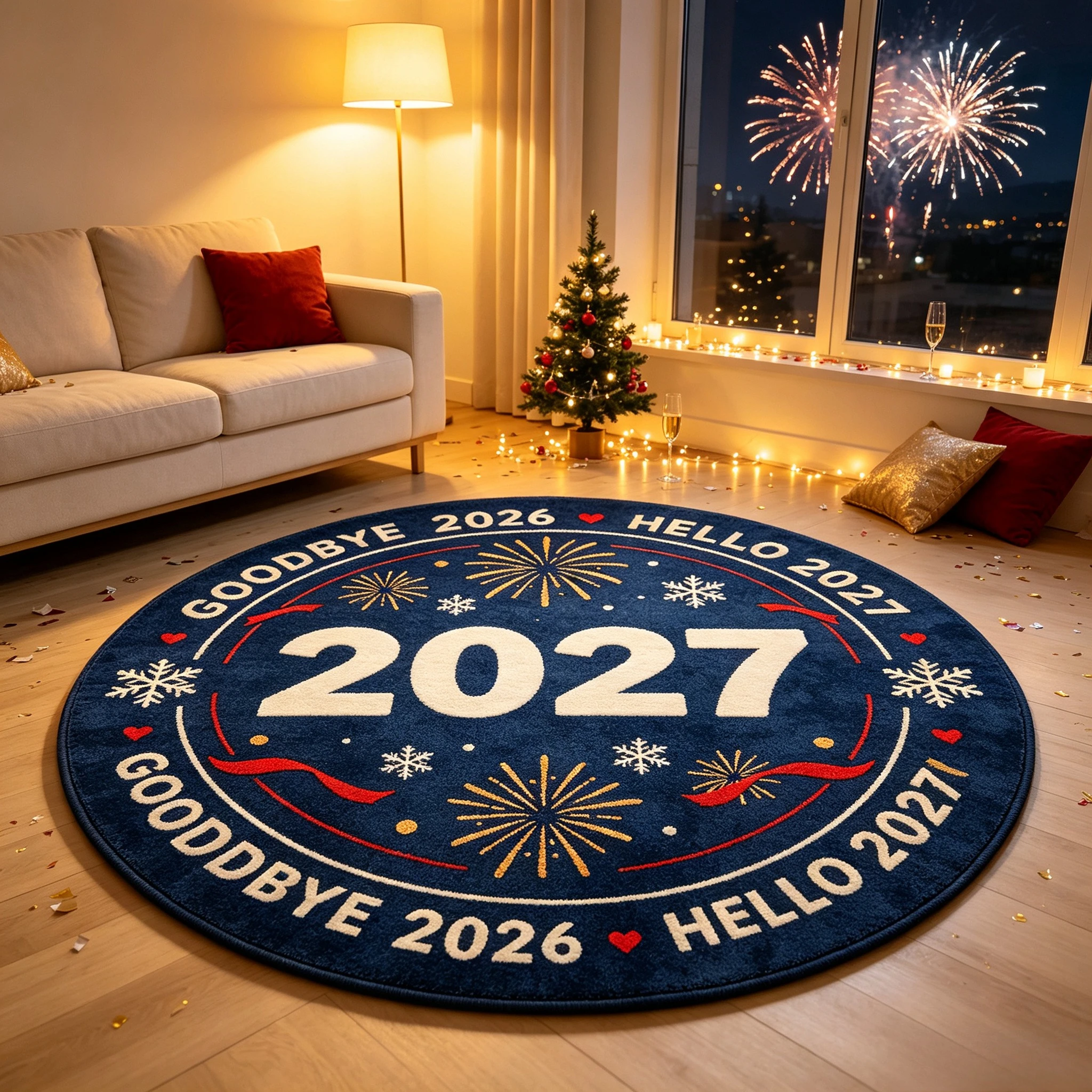 Trendy Round Happy New Year 2027 Firework Print Rug Home Decor Floor Mat for Living Room Bedroom Holiday Party Indoor Carpet