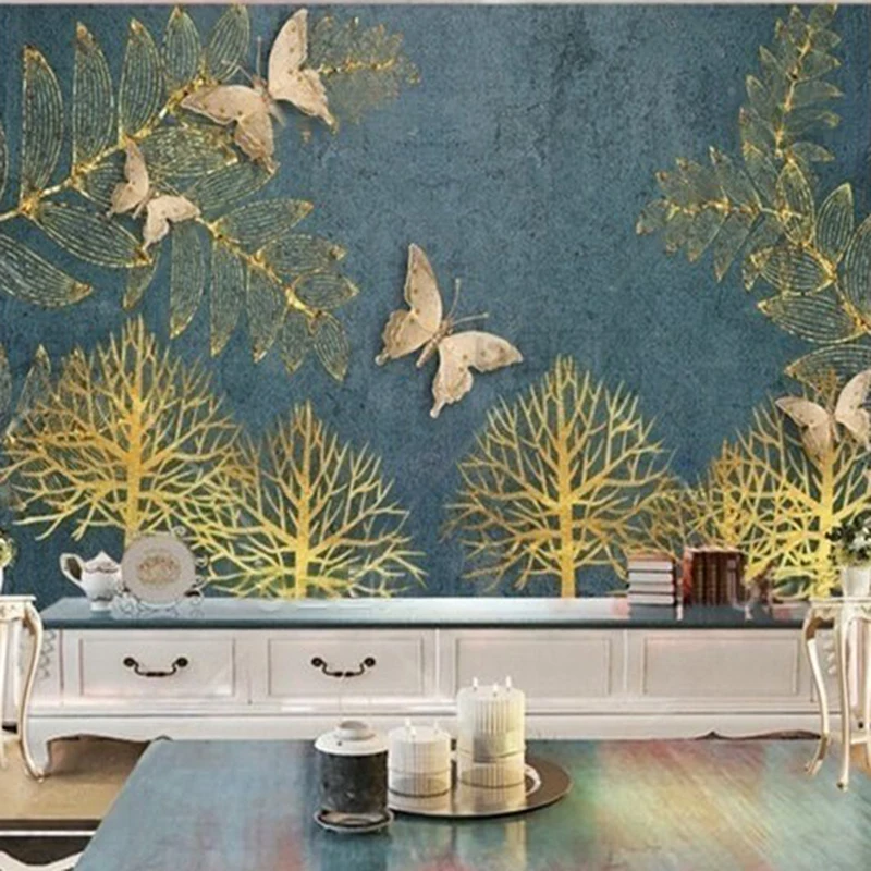 

MU9063 Custom Wall Murals Wallpaper Jewelry fashion golden trees leaves butterflies TV background wall