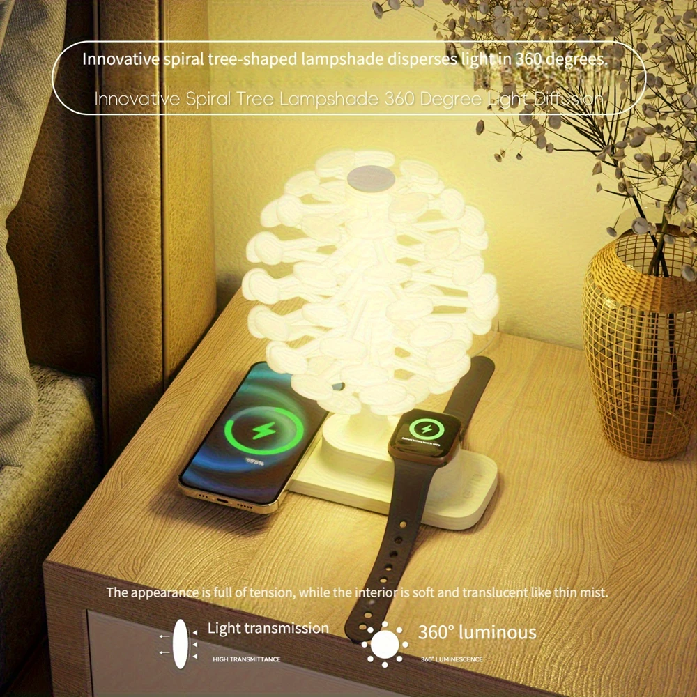 Innovative Lamp Spiral Tree Shape Table Lamp with Colorful Lights And Wireless Phone Watch Charging Pad Bedside Lamp Home Decor