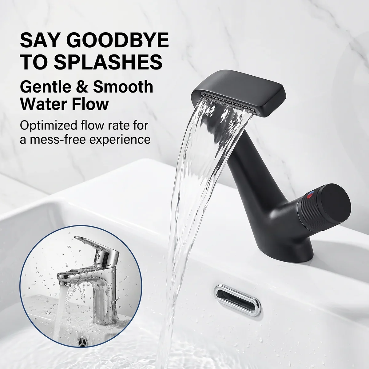 

Matte Black Bathroom Faucet, Solid Brass Unique C-Shaped Waterfall Spout Single Handle Basin Mixer Tap, Deck Mount Hot Cold Wate