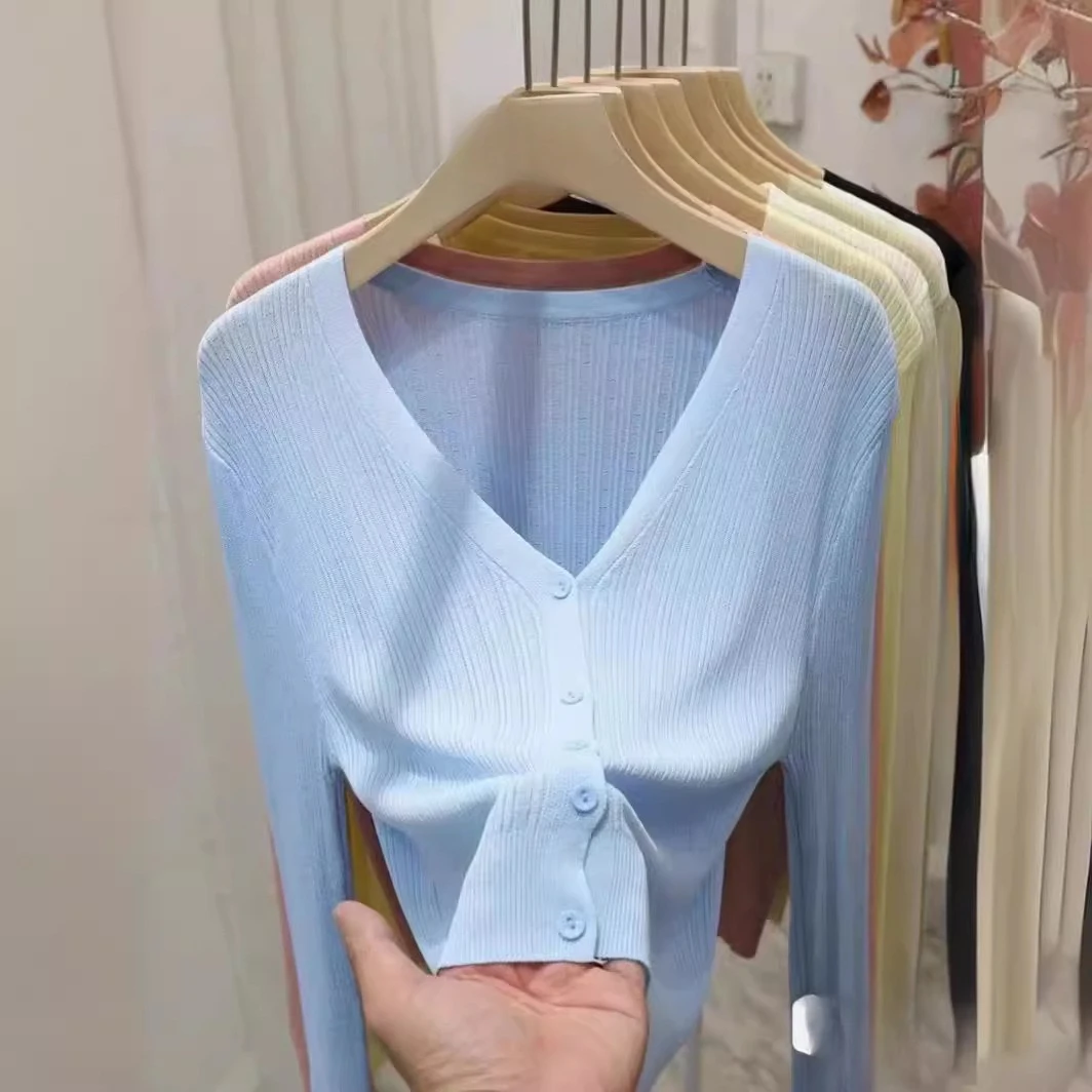 Sweet Slim Fit V-Neck Knitted Cardigan Summer Thin Sweater Cover Up Knot Design Casual Comfortable Women's Outerwear M289