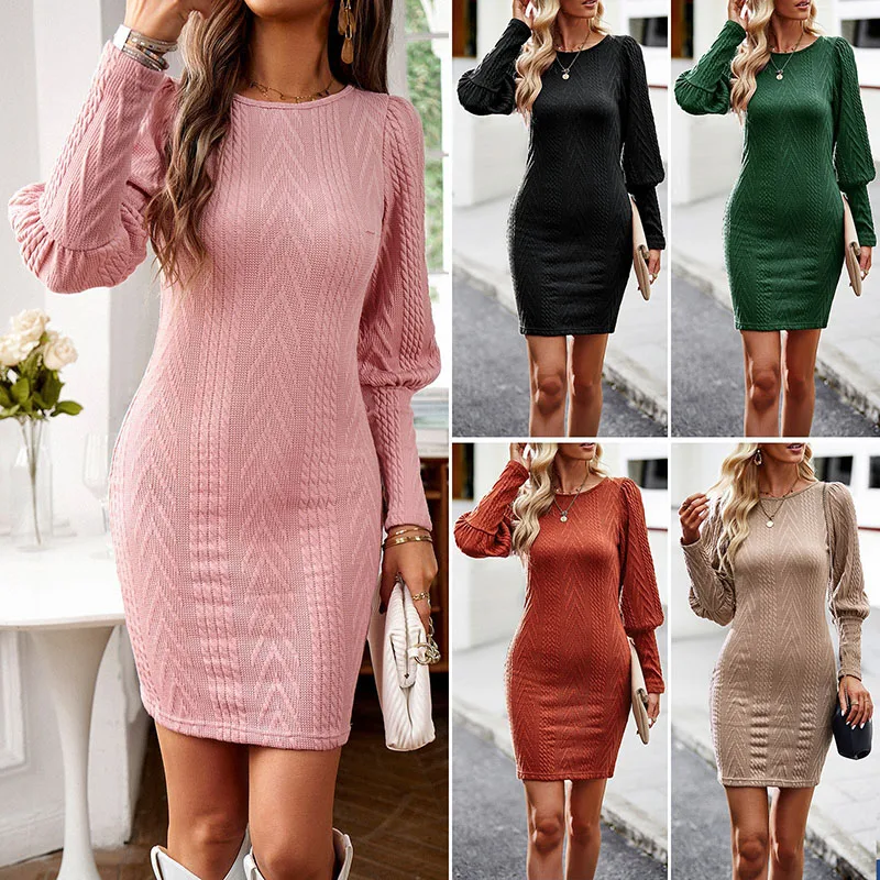 

Women Fashion O Neck Solid Knit Mini Dress Casual Puff Long Shoulder Party Dress Office Elegant Hight Waist Slim A-Line Dress