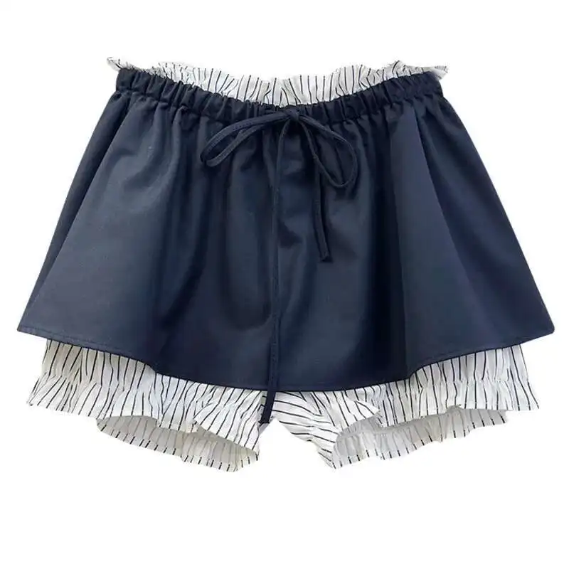 Elastic Waist Striped Spliced Casual Wide Leg Pants Women Loose All-match Black Short Trousers Summer New Tide