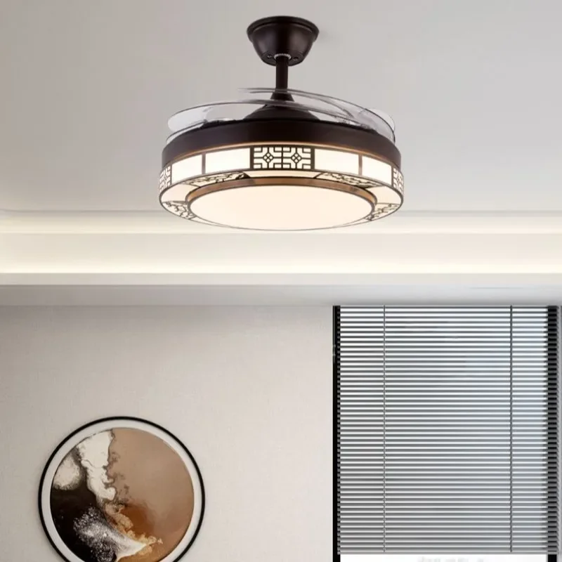 Novo estilo moderno ventilador de teto chinês com luzes sala jantar sala estar quarto ventilador elétrico luz pingente 48 polegadas 48w
