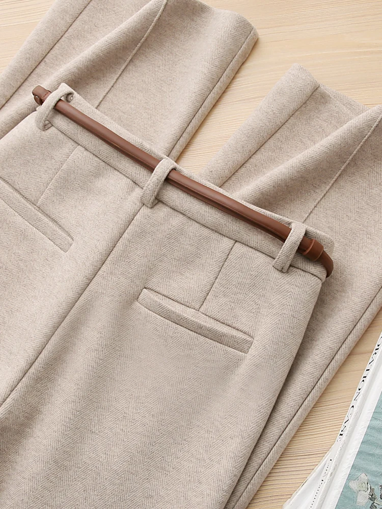 Thiened ウールストレートレッグパンツ レディース 秋冬 暖かい カジュアルパンツ 快適な着用 通勤 スリーワイドウエスト