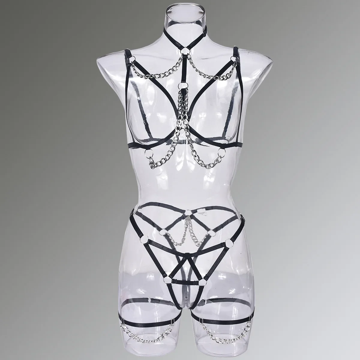 

Punk Body Cage Stockings Garter Belt Elastic Harness Set Pole Dance Open Chest Chians Bra Bondage Hollow Sexy Lingerie Body