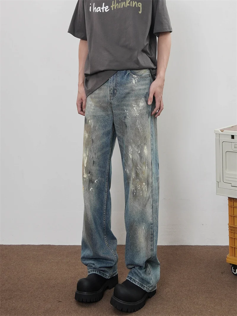 

Новые мужские джинсы 2025 года в американском стиле High Street: свободные, с эффектом потертости, винтажный дизайн, с эффектом разбрызгивания чернил, повседневные, прямые, из денима