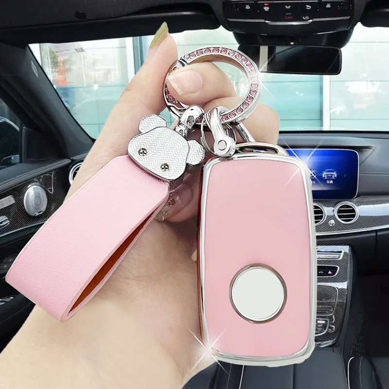 Exquisite car keychain with high-end pink violent bear artificial diamond, keychain case with soft TPU keycase, Volkswagen/Lavid