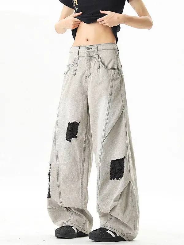 

TANGZ Studio, американские ретро джинсы с ножом, мужские повседневные широкие длинные брюки, свободный крой из смеси хлопка и полиэстера