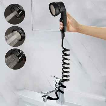 ชุดอะแดปเตอร์ตัวขยายก๊อกน้ำสำหรับห้องครัวสีดำเงินพร้อมชุดหัวฝักบัวอ่างล้างจานชุดแยกก๊อกน้ำในห้องน้ำต่อ