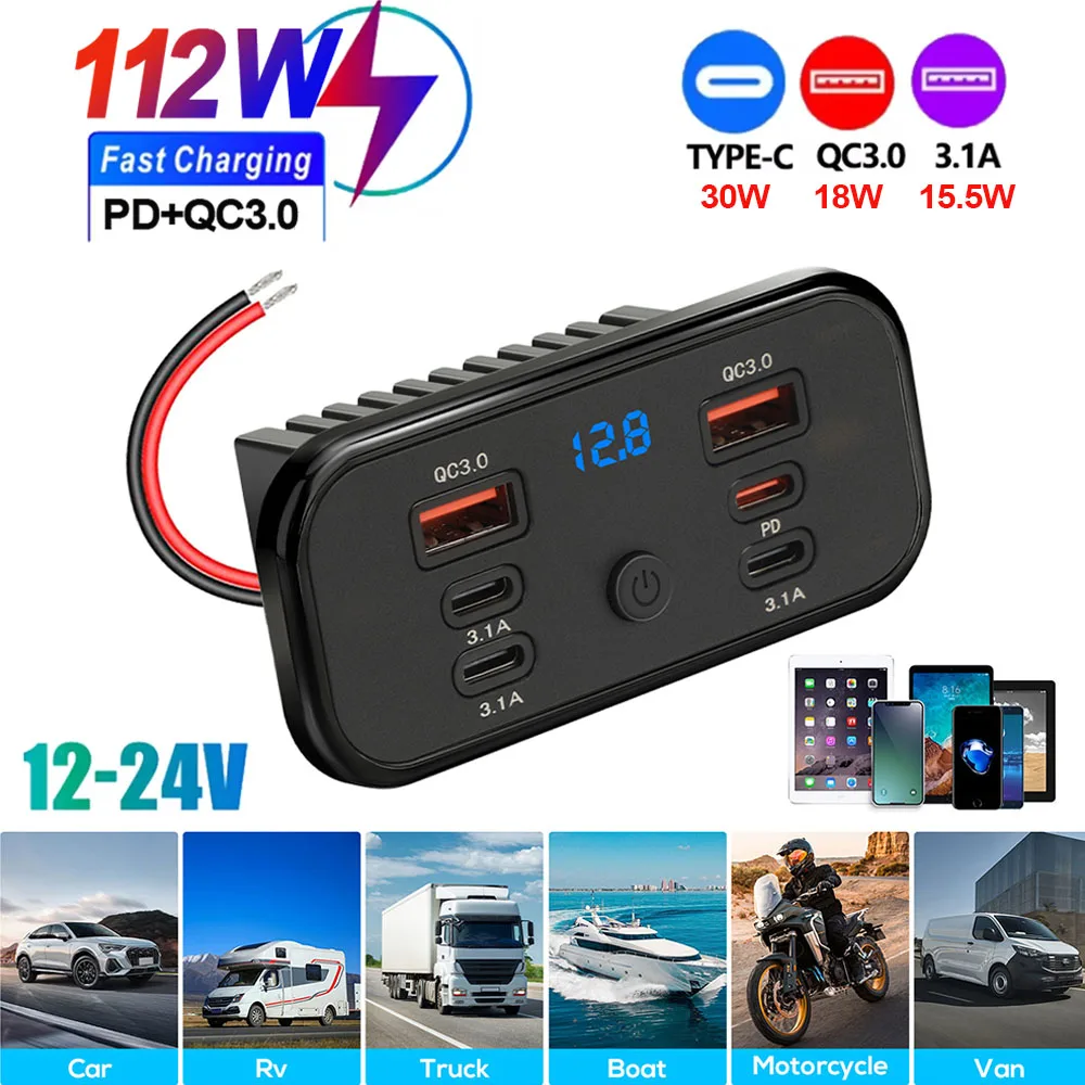 Dual USB Ports Quick Fast Charger Socket PD+QC3.0 Type C Power Outlet Panel with Voltmeter & Switch for 12V/24V Car Truck Boat