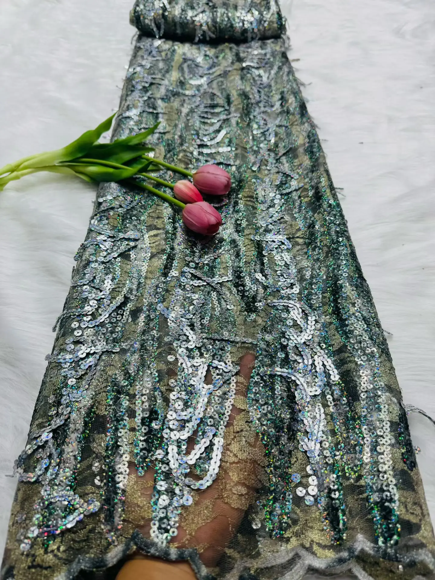 

African Bead Lace Fabric Luxury Nigerian Lace Fabric 2025 High Quality Lace Burnt Grey Bead Lace Fabric For Wedding Dress H166-1