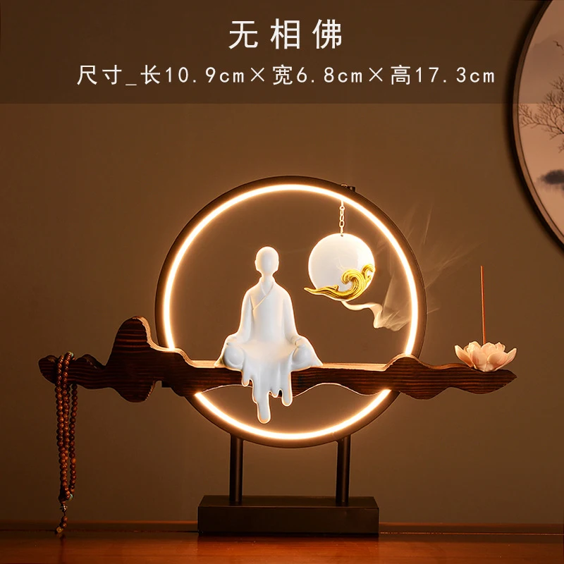 New Chinese-Style LED Light Ring Zen Monk Ornament For Living Room Entrance, Creative Backflow Incense Burner, Ceramic Novice Mo