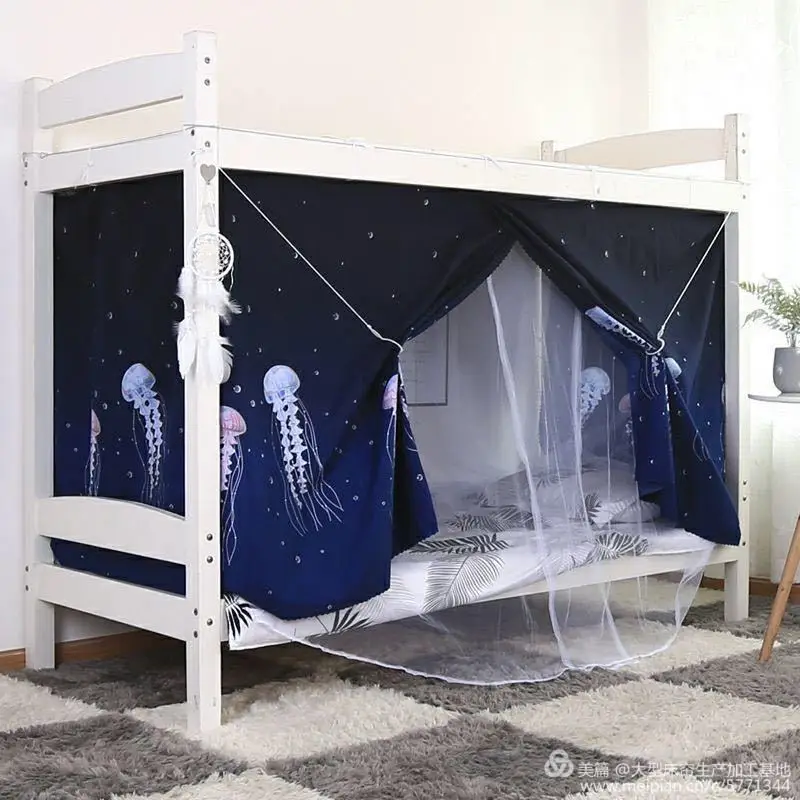 Printed Dormitory Bed Curtain with Rope and Clasp, Strong Shading Mosquito Net, College Single Bed, Student Dormitori