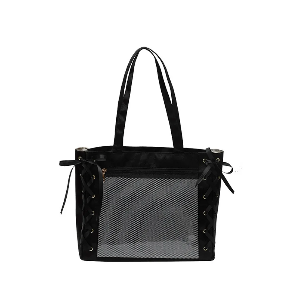 

Large Capacity Sweet Ita Tote Bag Bow Ribbon DIY Japanese JK Ribbon Bag Clear Front Pocket Portable Women Ribbon Handbag