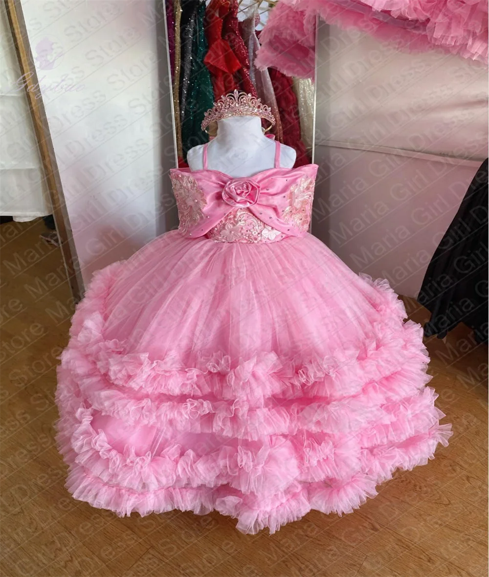 Peach Pink Spaghetti Strap Frill Flower Girl Dress With Sunken Sleeves Delamination Princess's Birthday Evening Dress