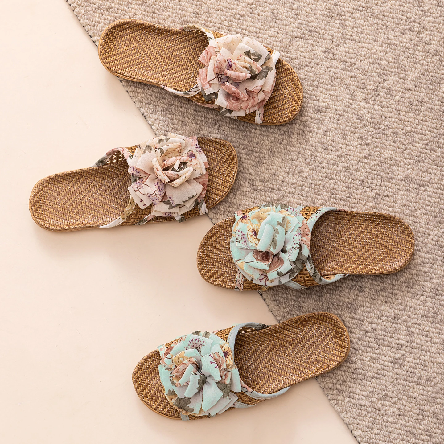 New Summer Home Cooling Slippers with Bowknot, Indoor Cool Rattan Grass Shoes, Non-Slip