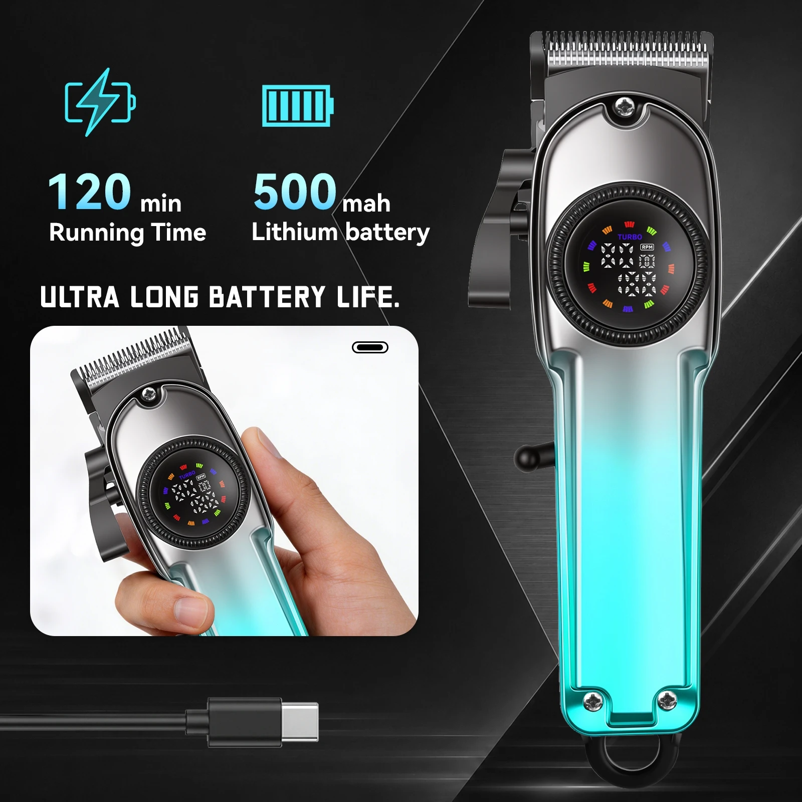 Cordless Hair Clipper for Men, USB-C Rechargeable Trimmer with Digital Display, 4 Guide Combs, Scissors and Comb Set