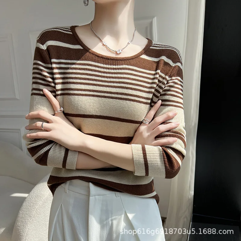 LDZWSM Stripe Woolen Sweater Woman Autumn Winter Round Neck Knit Sweater Base Inside Build Sweater