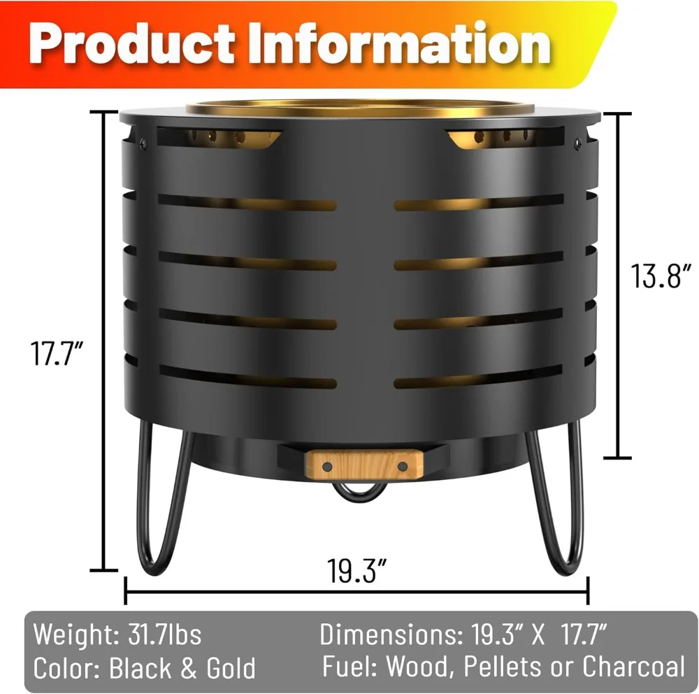 مجموعة حفرة النار المحمولة الخارجية، 19 بوصة من الفولاذ المقاوم للصدأ، حرق الخشب، دخان منخفض #6