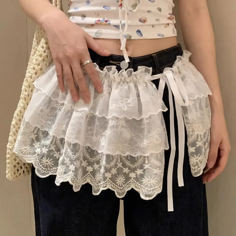 

Юбка в стиле Y2K Harajuku, женская мини-юбка, уличная одежда, многослойная кружевная юбка с рюшами, на завязках, с высокой талией, плиссированный дизайн