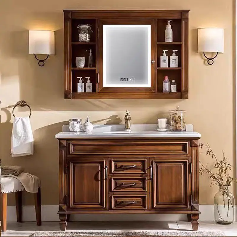 American retro bathroom cabinet floor-to-ceiling oak bathroom slate ceramic basin oak cabinet washbasin