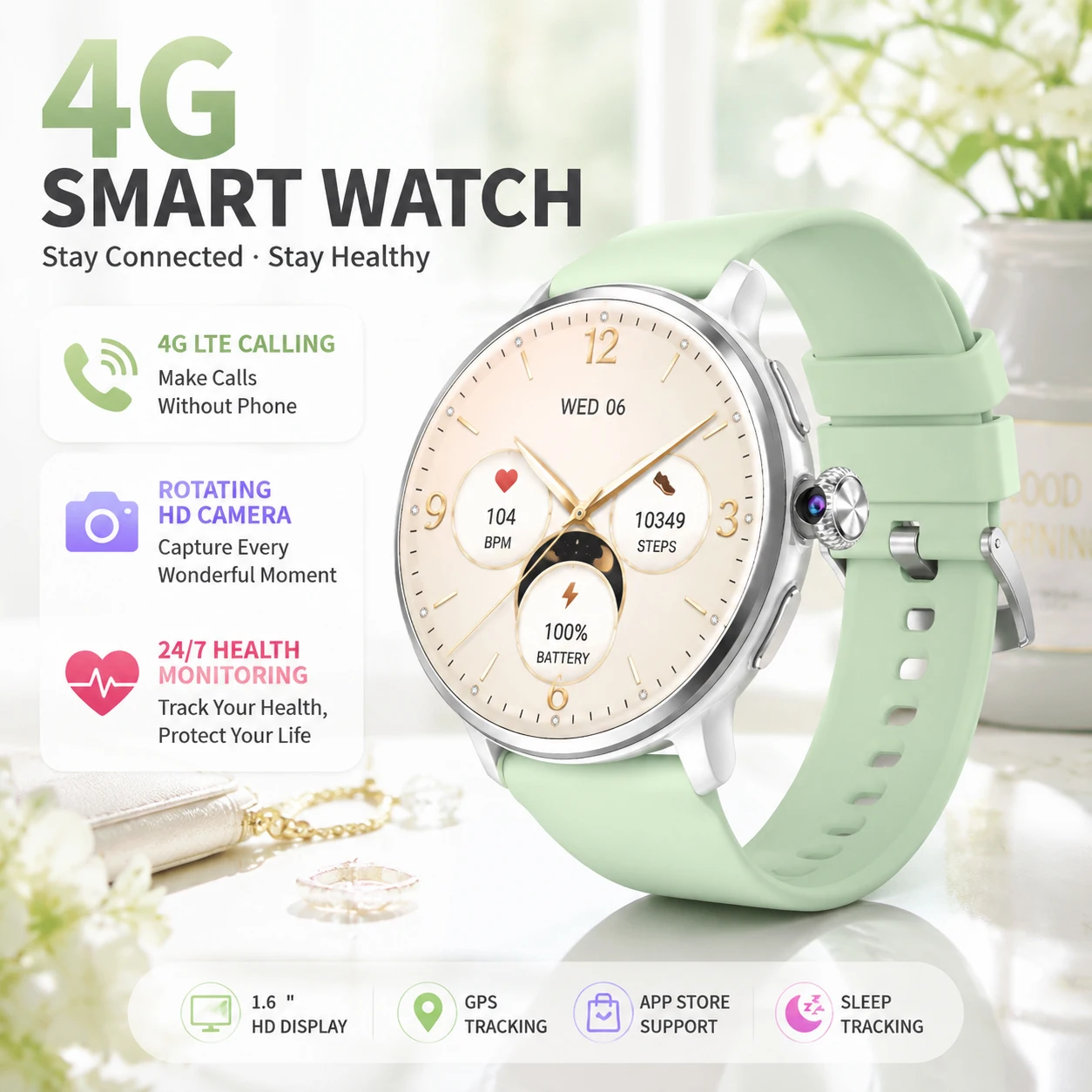 Fashion Smart Watch 1.65 Inch SIM Calling Rotating HD Camera Bluetooth App Health Sleep Monitor Period Tracker GPS Sports Modes