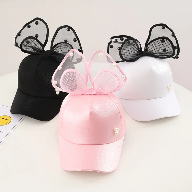 Baseball Cap Female Summer Peaked Cap Pearl Bow Mesh Cap Girl Baby Travel Sun Hat Parent-Child Hat