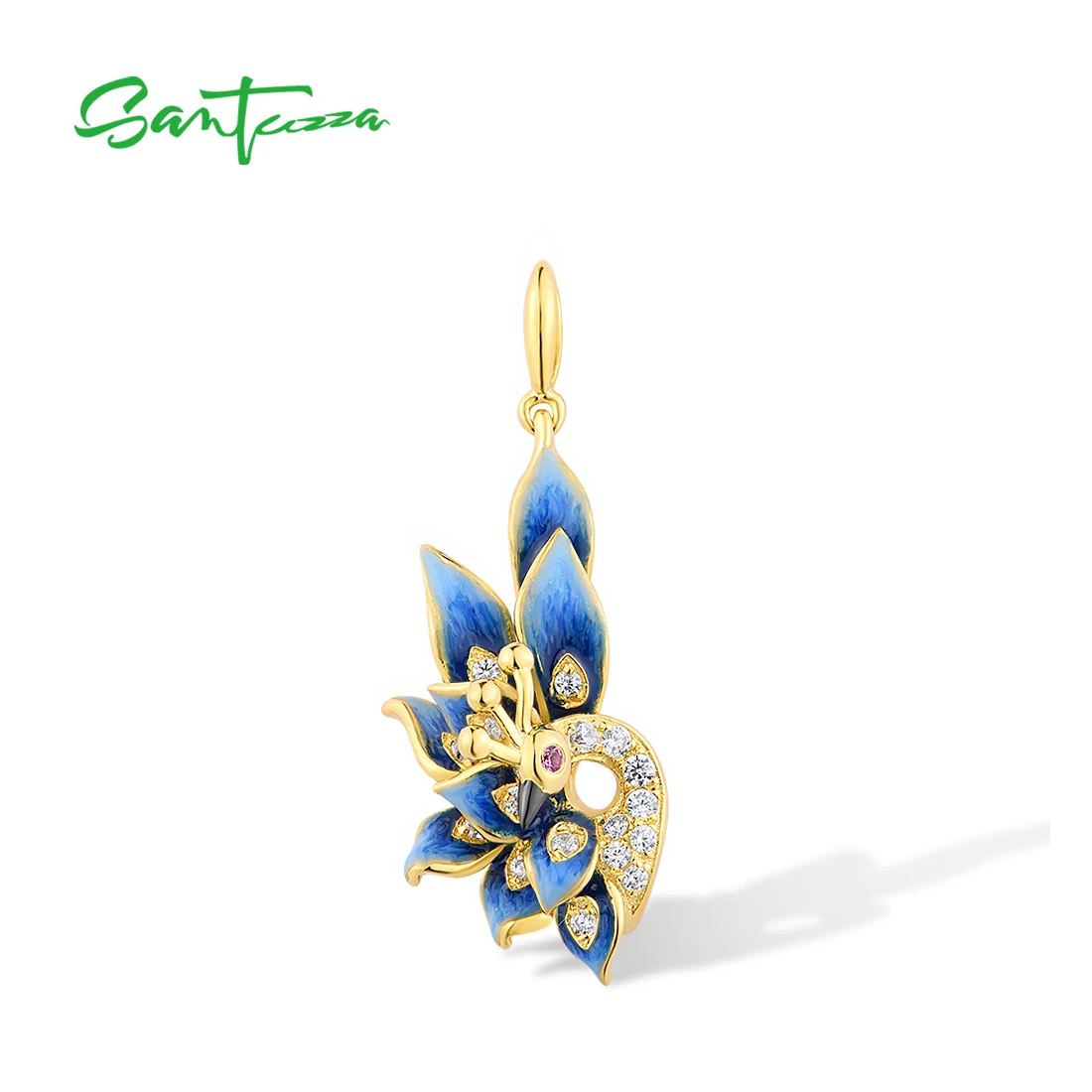 

SANTUZZA Authentic 925 Sterling Silver Pendant for Women White CZ Blue Enamel Peacock Gold Color Plated Fashion Fine Jewelry