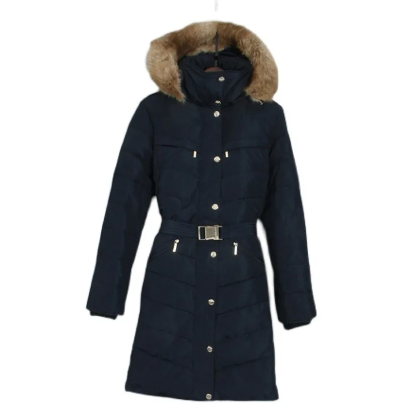 Plus Size Damen Herbst Winter Weiß Du Down Jaet Kapuzenpelzkragen Gürtel Mittellanger gepolsterter Mantel Thiened Commute Sle