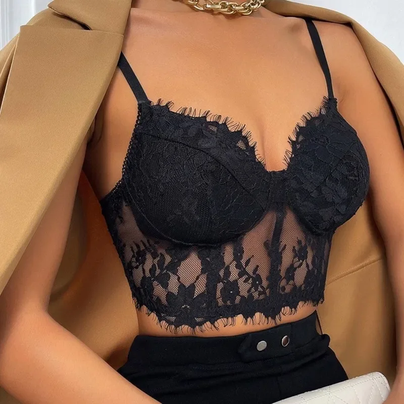 ISAROSE Women Sexy Camisole Summer Braless Breathable Low-cut See-through Eyelash Lace Crop Tops with Back Hook Drop Shipping