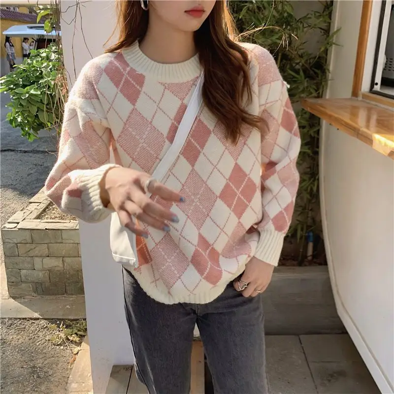 Geometric Loose Sweater Women Autumn Winter Korean Fashion O-neck Long Sleeve Knitwear Simplicity Office Lady Knitting Tops