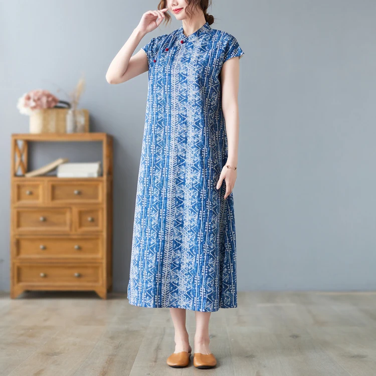 Summer New Vintage Chinese Sle  Wax Print Knee-Length round Collar Svel Low Slit Women's Traditional Costume