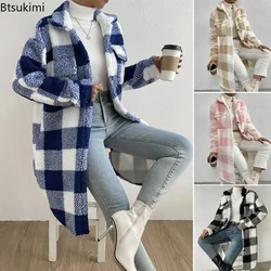 2024 Women's Thick Warm Jackets Coats Autumn Winter Elegant Open Button Lapel Plush Plaid Loose Temperament Commuter Long Coat