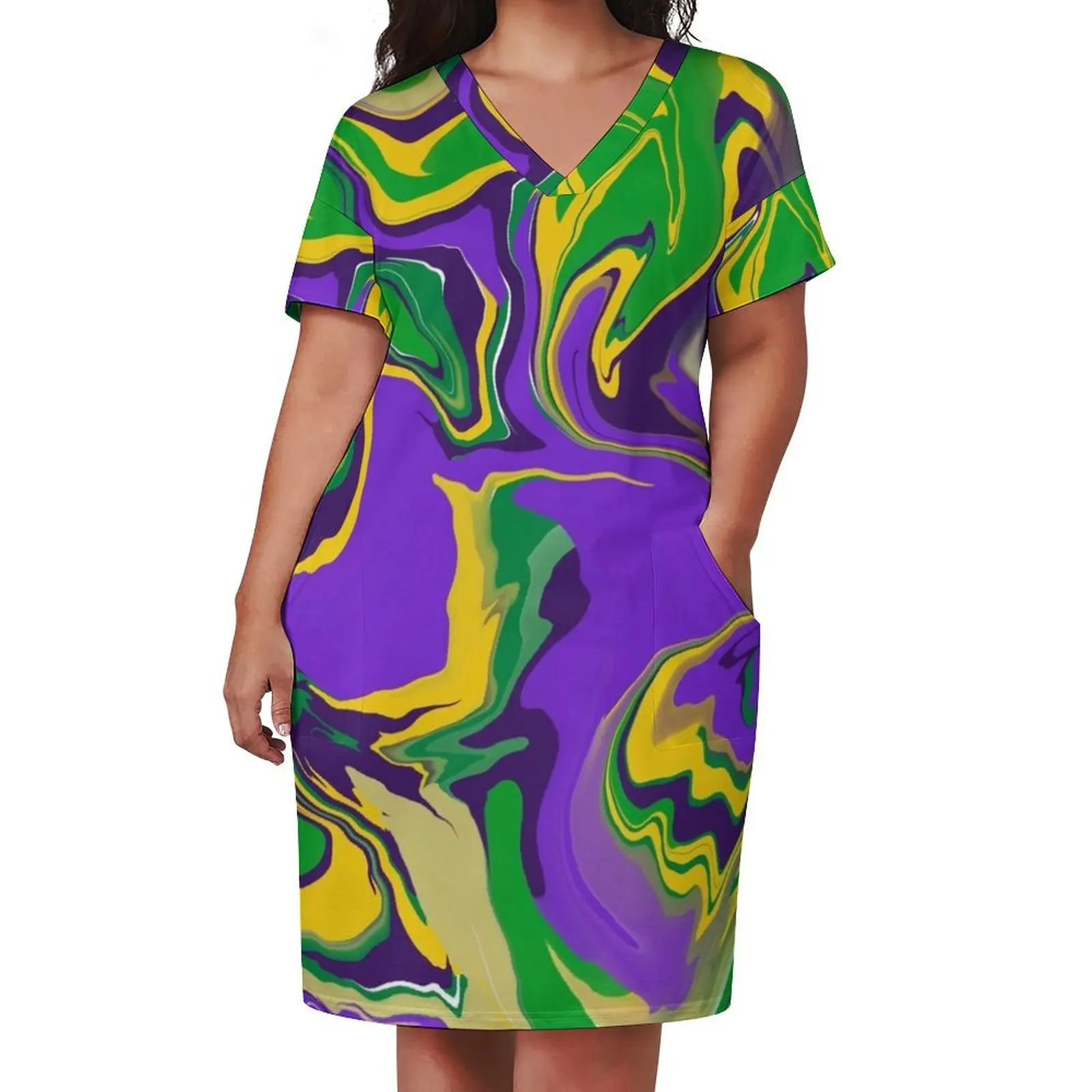 Mardi Gras Marble Swirl Pattern Loose Pocket Dress evening dress ladies loose summer dress