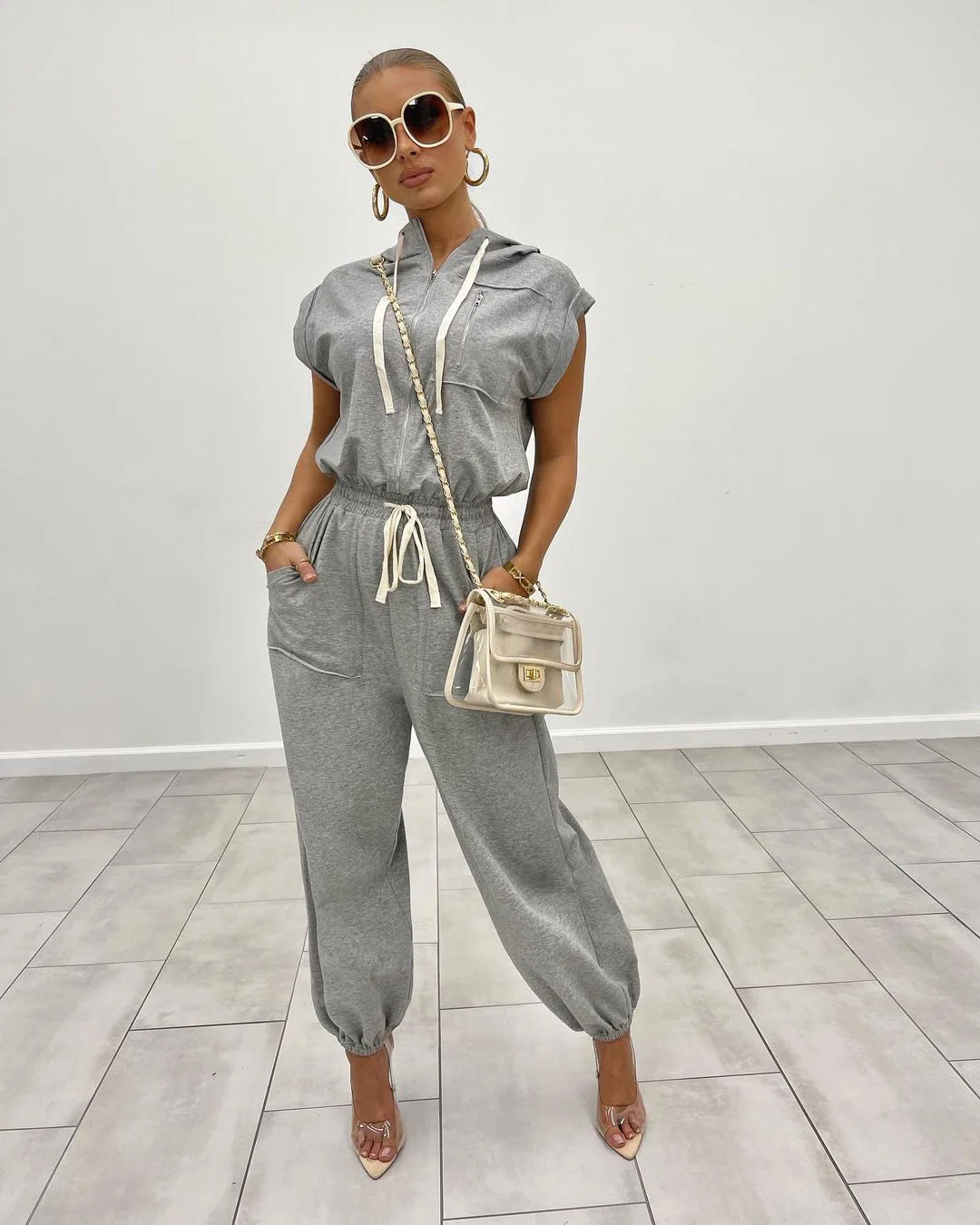 

Casual Women Jumpsuit Summer Sleeveless Hoodie Bandage Pockets Pencil Pants Slim Overalls One Piece Streetwear Romper