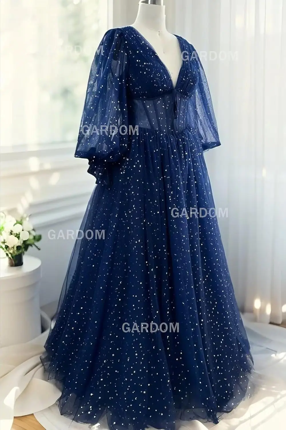 Glitzernde, sternenklare A-Linie-Abschlussballkleider aus Tüll mit Ärmeln für Teenager, langes Ballkleid mit Puffärmeln, formelles Abendkleid mit Taschen