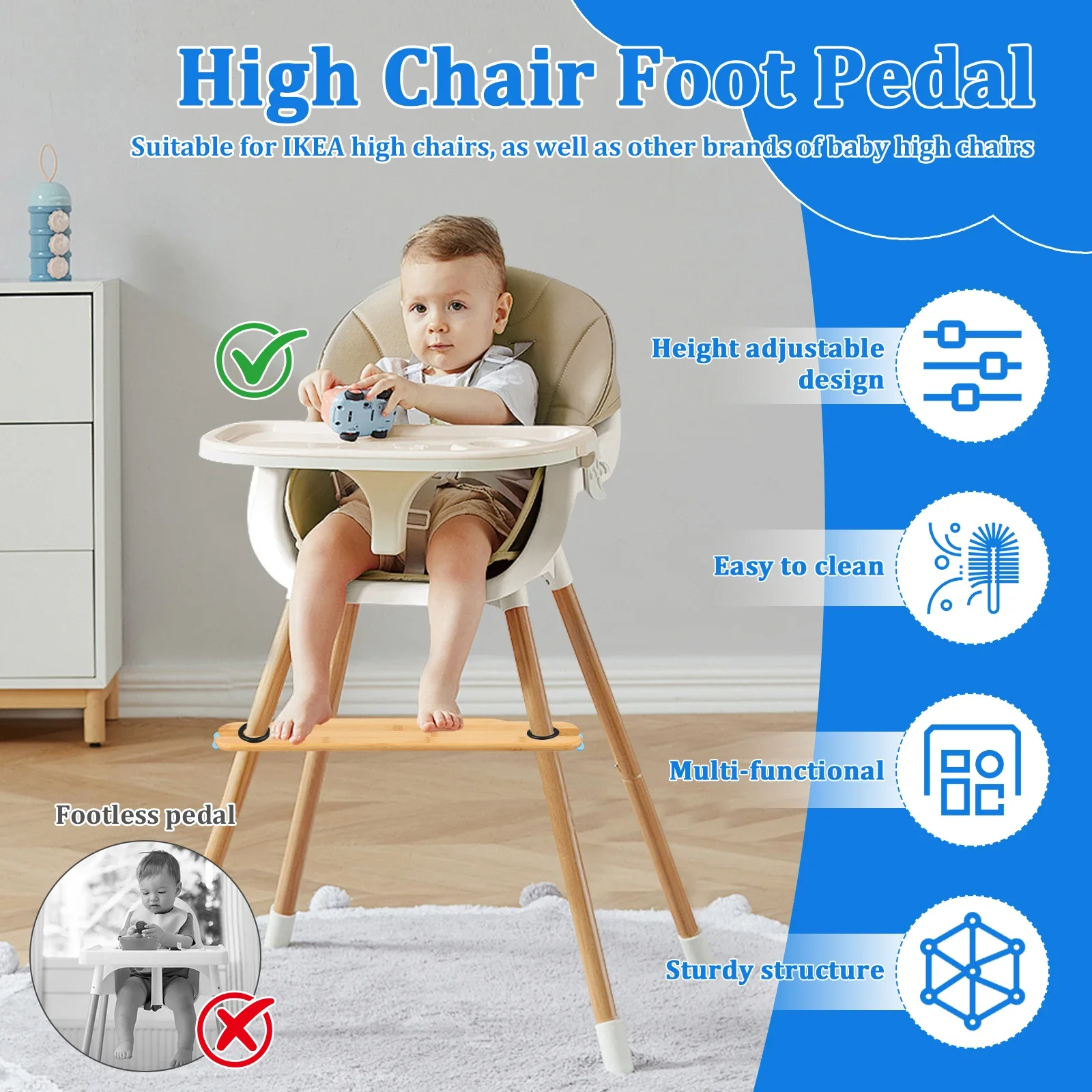 High Chair Footrest Bamboo Infant Seat Foot Rest Non-slip Stable Baby Adjustable Highchair Kids Furniture Accessories