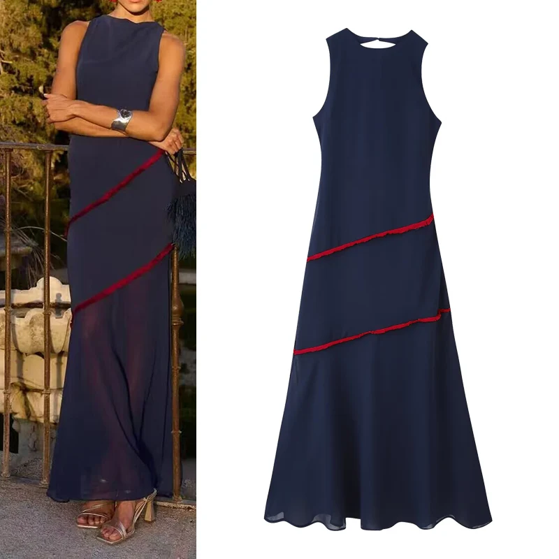 เดรสยาวผ้าชีฟองสำหรับผู้หญิง คอทรงโอ แขนกุด แต่งผ้าต่อลายตัดกัน ประดับพู่ห้อย ด้านหลังเปลือย ชายกระโปรงระบาย  ชุดเซ็กซี่สำหรับฤดูร้อน